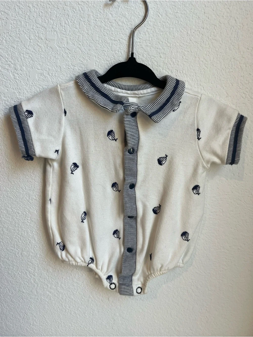 Vintage Starting Out Cream and Navy Sailboat Collared One-Piece